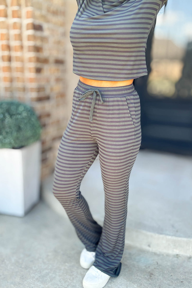 Navy And Hunter Soft Modal Striped Pants With Drawstring