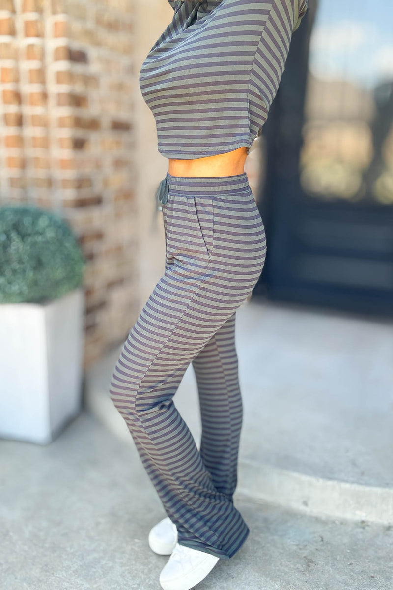 Navy And Hunter Soft Modal Striped Pants With Drawstring