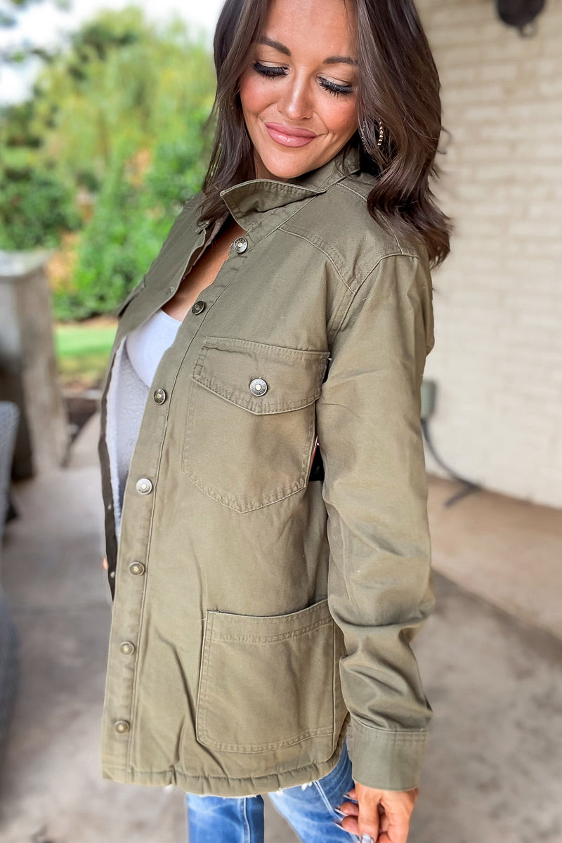 Thankful Army Green Sherpa Lined Button Front Jacket