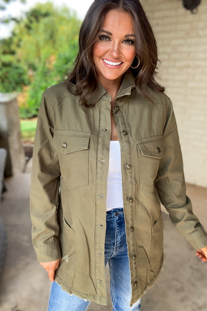 Thankful Army Green Sherpa Lined Button Front Jacket
