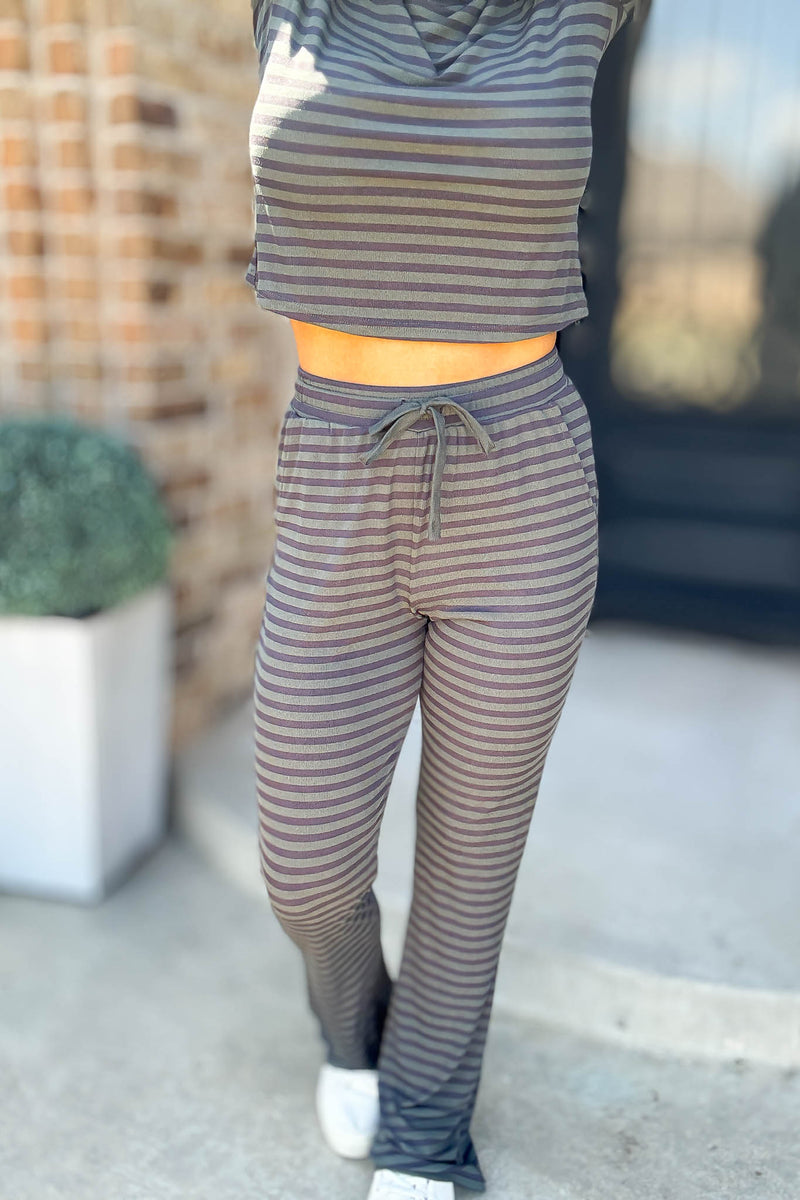 Navy And Hunter Soft Modal Striped Pants With Drawstring