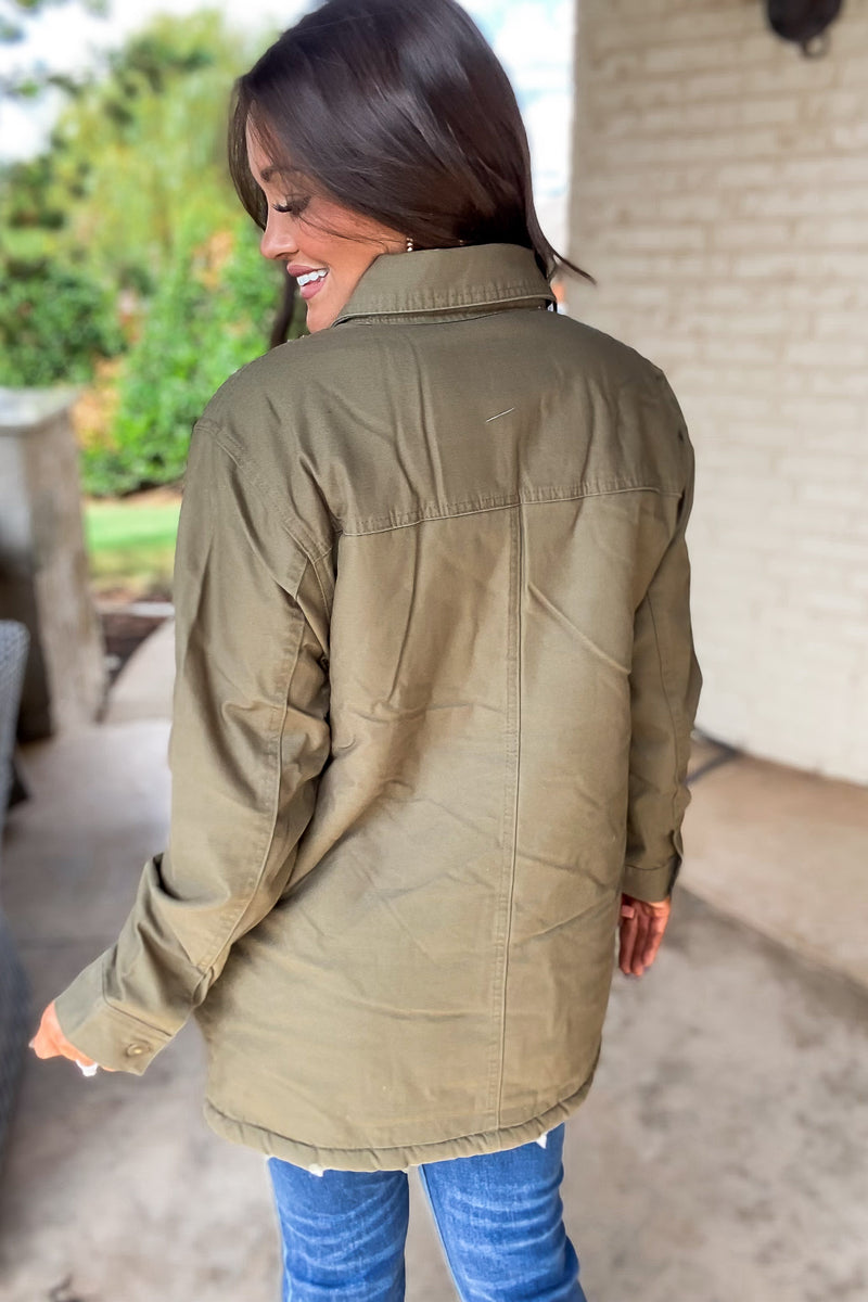 Thankful Army Green Sherpa Lined Button Front Jacket