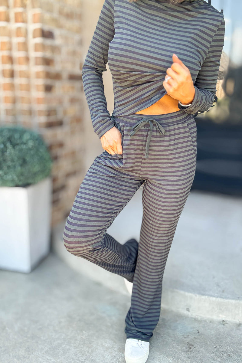 Navy And Hunter Soft Modal Striped Pants With Drawstring
