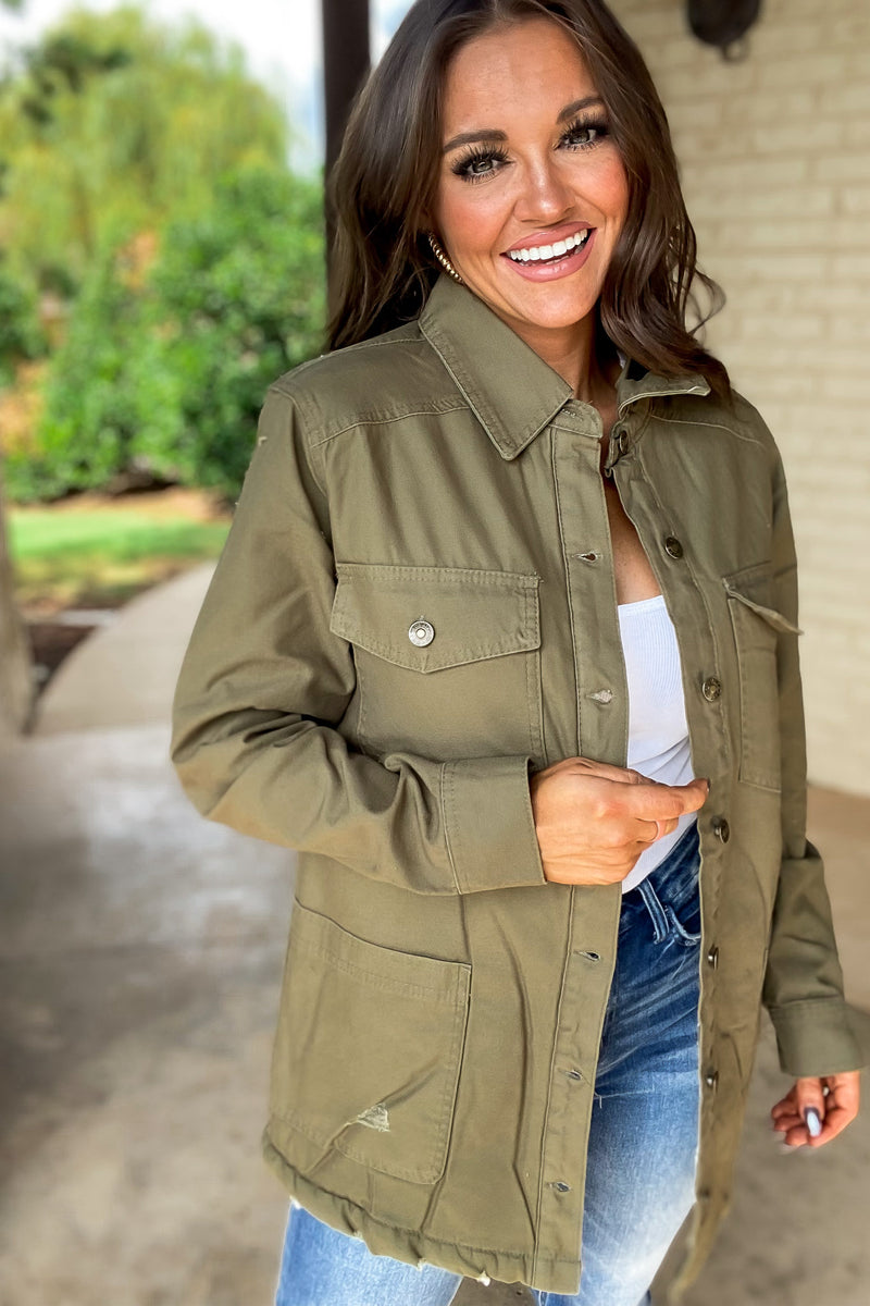 Thankful Army Green Sherpa Lined Button Front Jacket
