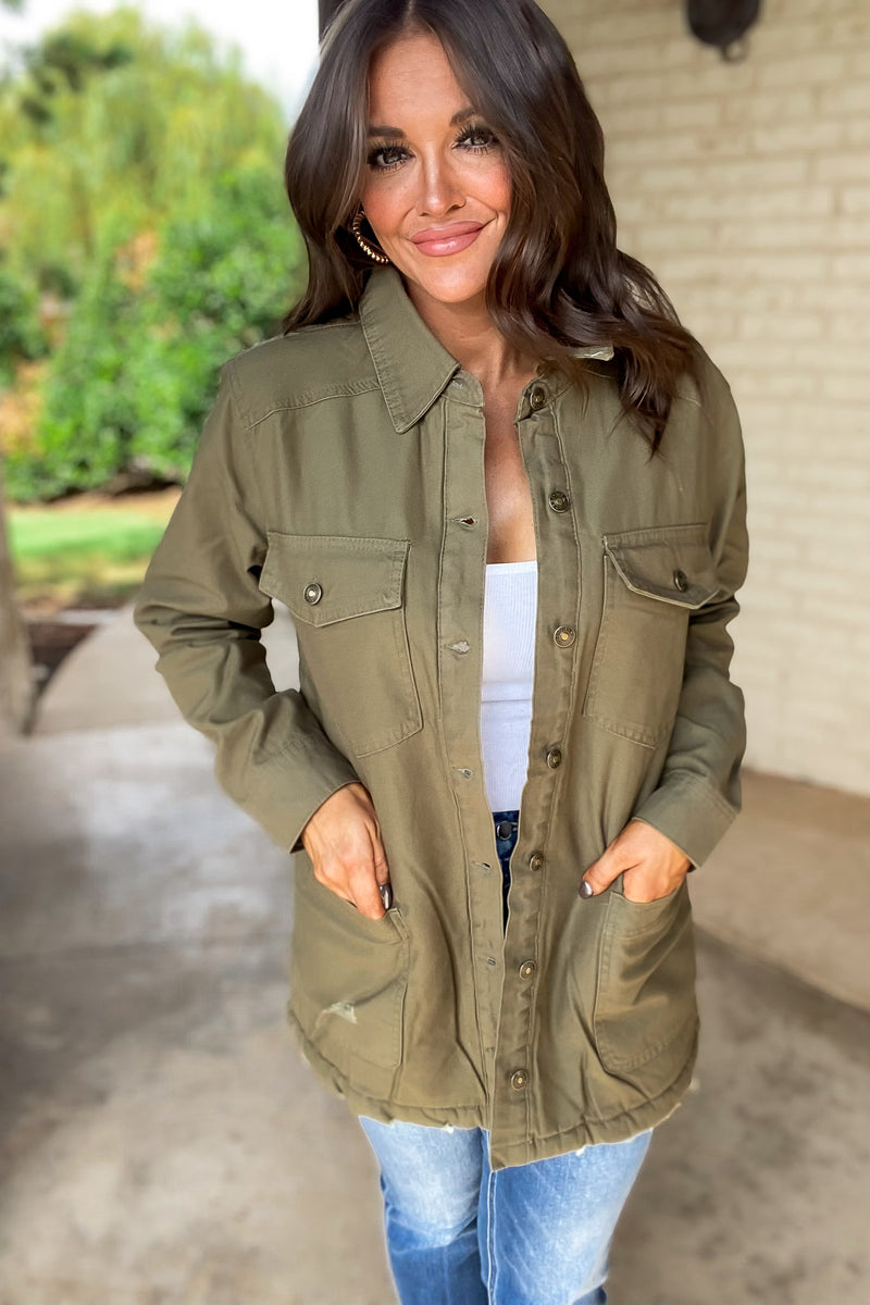 Thankful Army Green Sherpa Lined Button Front Jacket