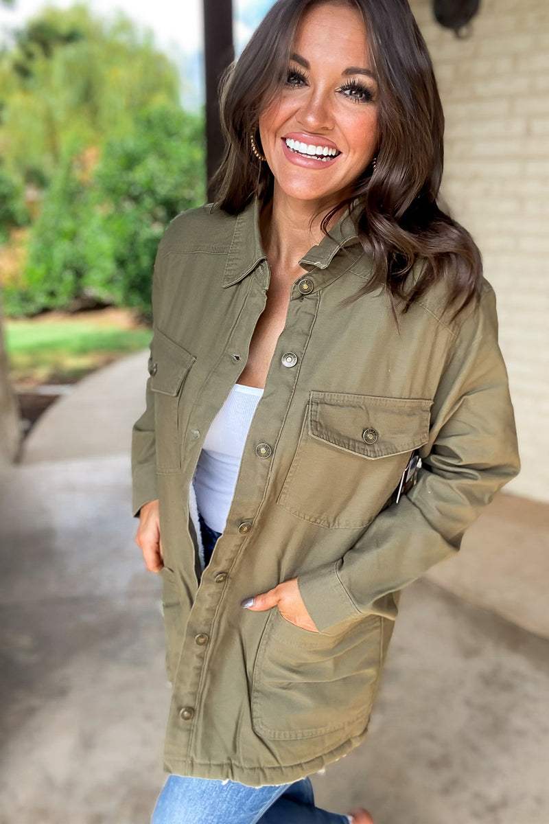 Thankful Army Green Sherpa Lined Button Front Jacket