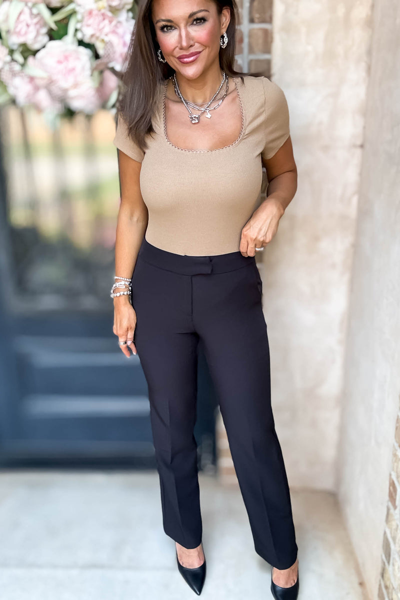 Square Neck Mocha Lace Trim Neck Short Sleeve Bodysuit