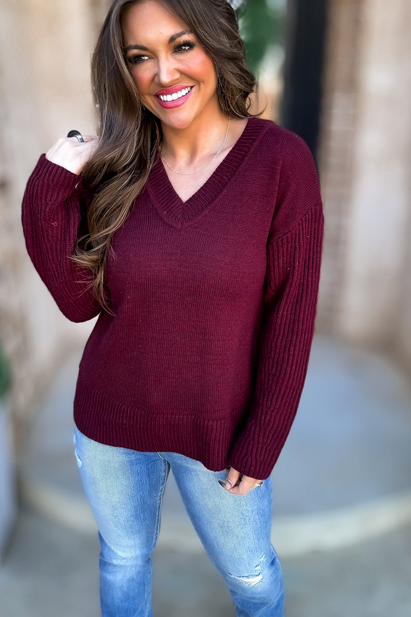 Per Usual Burgundy Back & Sleeves Textured Knit Sweater Top