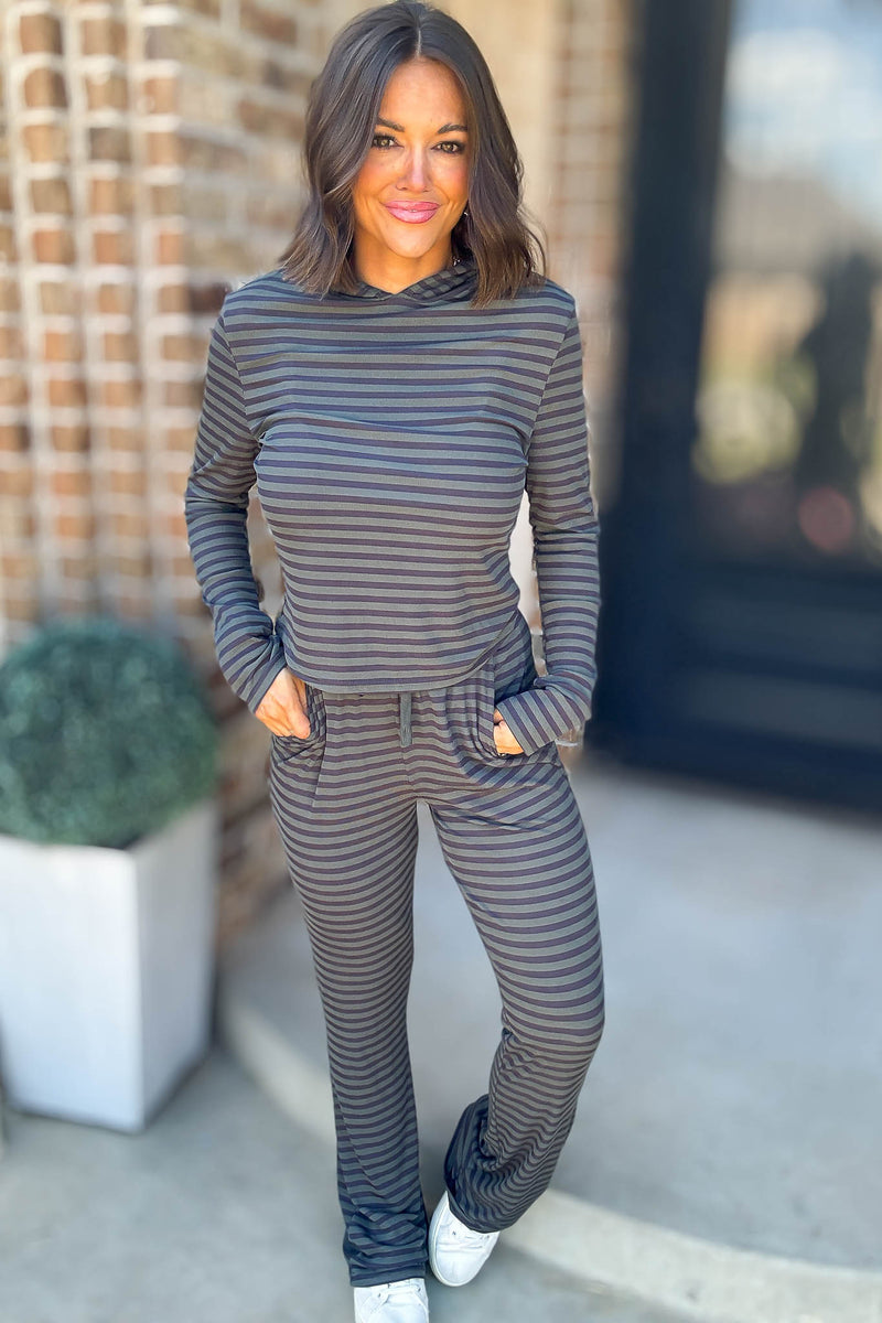 Navy And Hunter Soft Modal Striped Pants With Drawstring