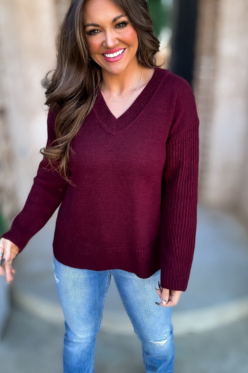 Per Usual Burgundy Back & Sleeves Textured Knit Sweater Top