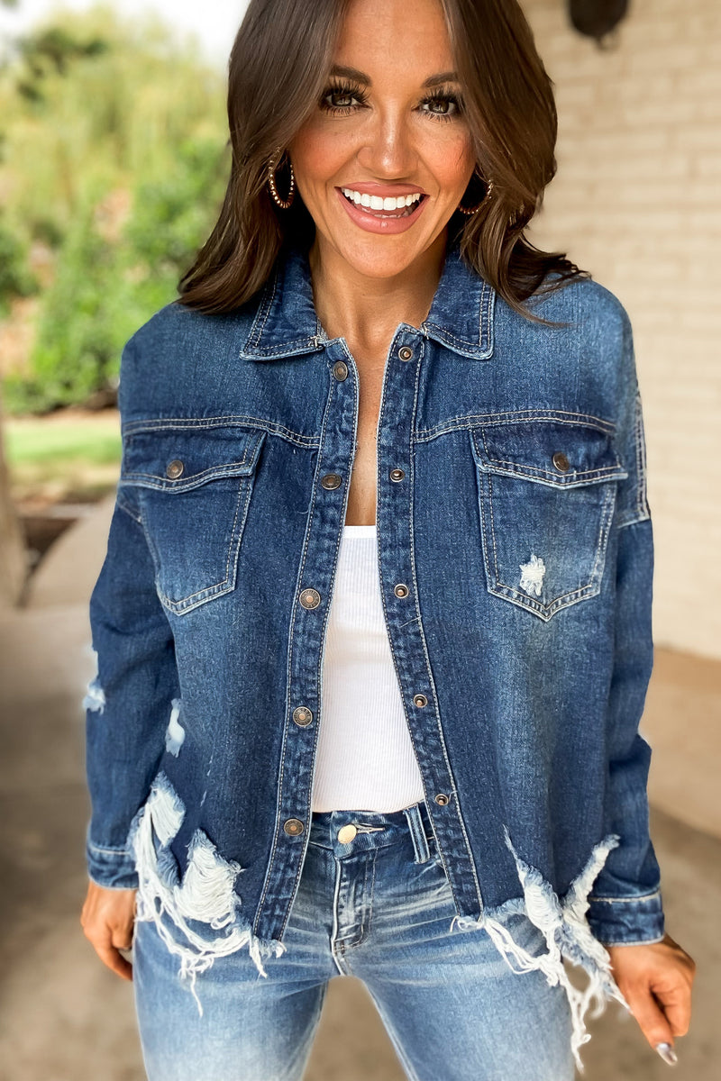 French Twist Dark Wash Destructed Denim Shacket