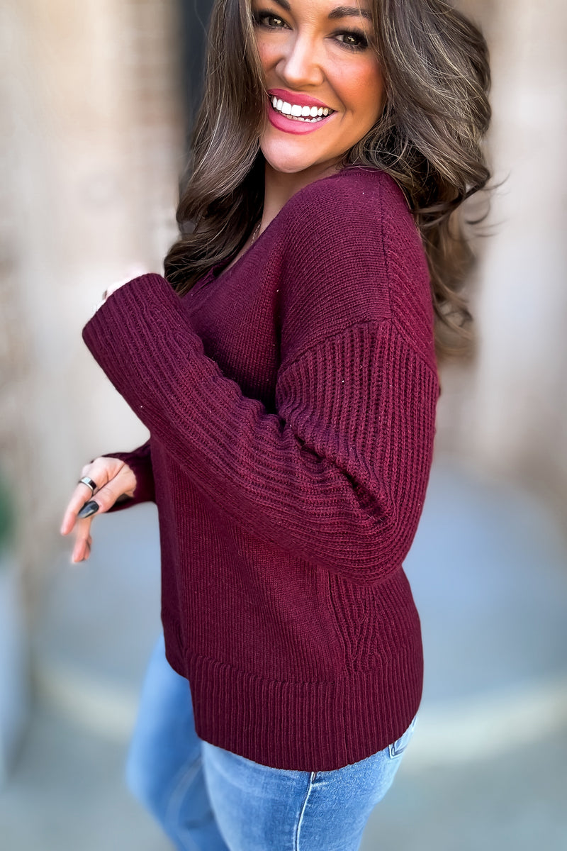 Per Usual Burgundy Back & Sleeves Textured Knit Sweater Top