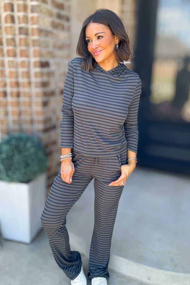 Navy And Hunter Soft Modal Striped Pants With Drawstring