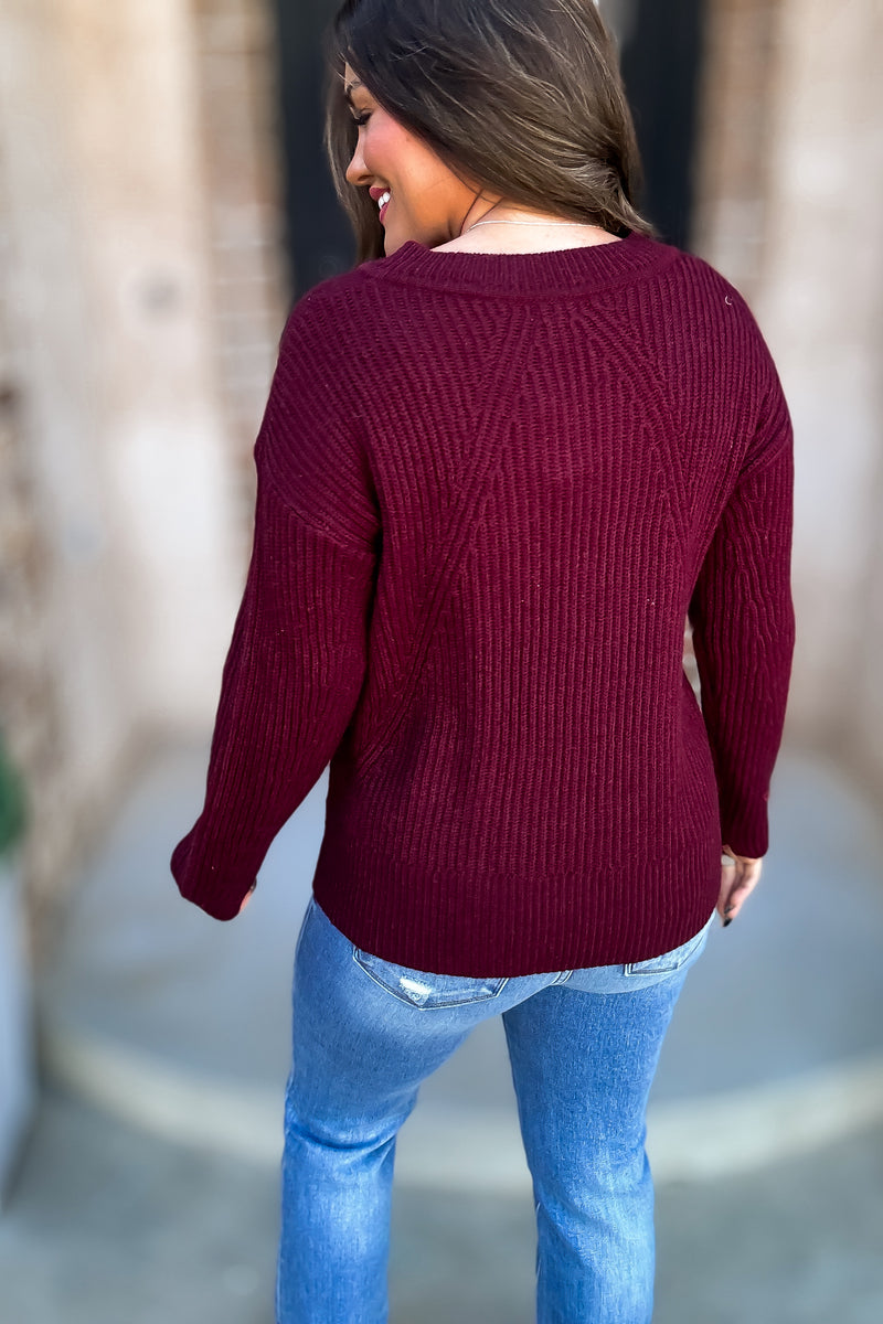 Per Usual Burgundy Back & Sleeves Textured Knit Sweater Top