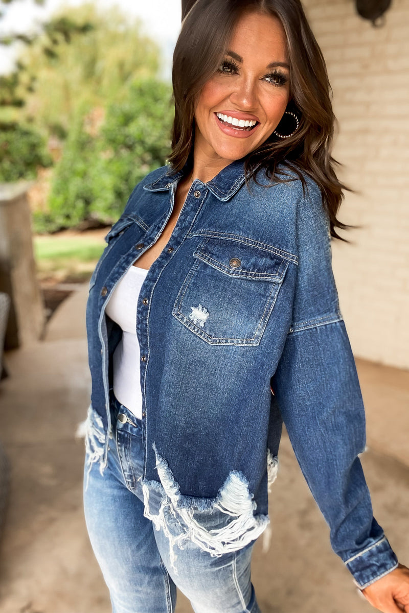 French Twist Dark Wash Destructed Denim Shacket