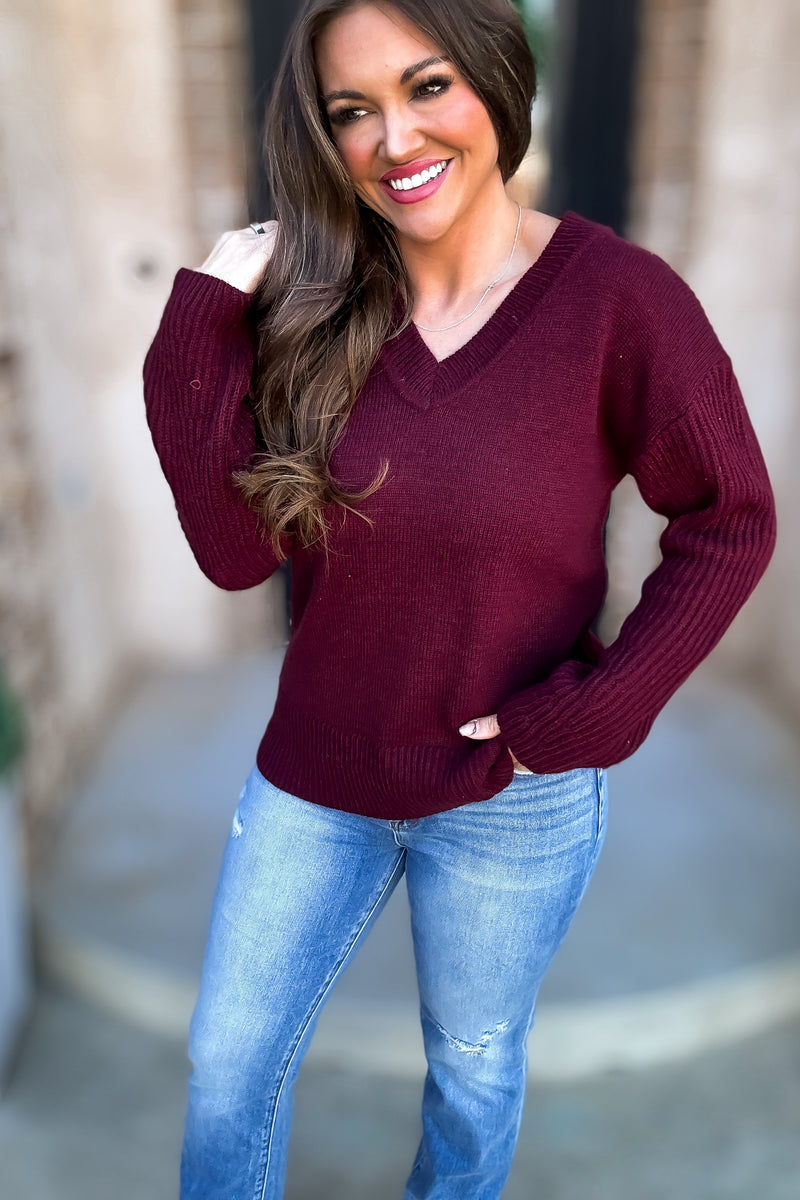 Per Usual Burgundy Back & Sleeves Textured Knit Sweater Top