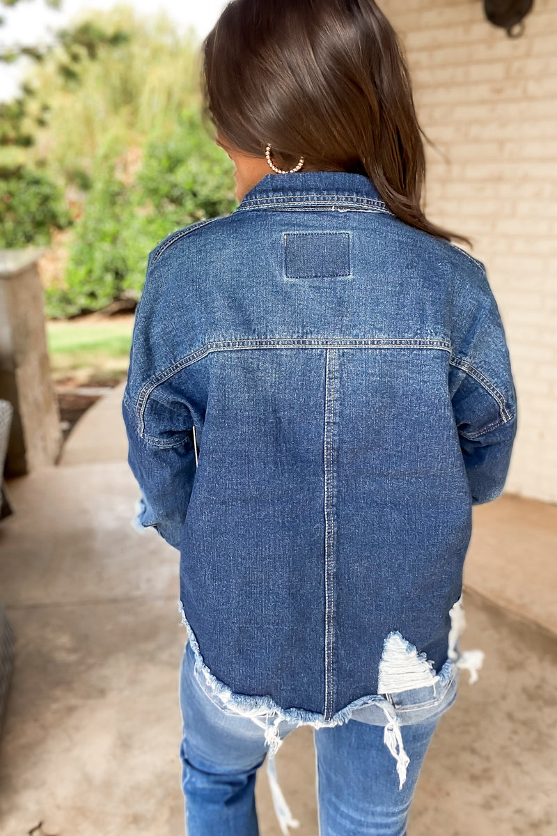 French Twist Dark Wash Destructed Denim Shacket
