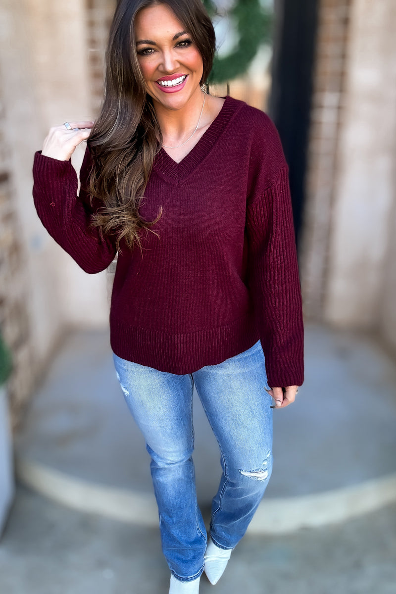 Per Usual Burgundy Back & Sleeves Textured Knit Sweater Top