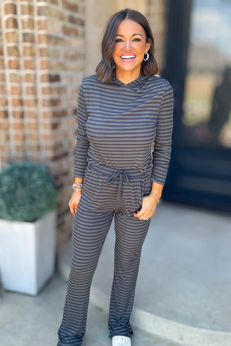 Navy And Hunter Soft Modal Striped Pants With Drawstring