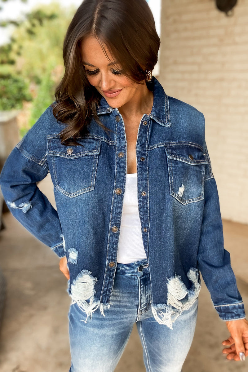 French Twist Dark Wash Destructed Denim Shacket