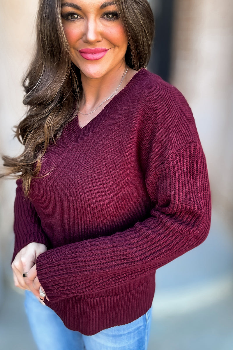 Per Usual Burgundy Back & Sleeves Textured Knit Sweater Top