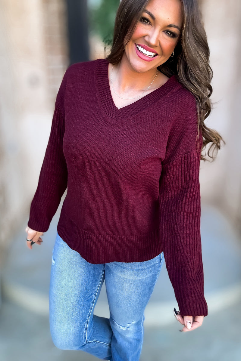 Per Usual Burgundy Back & Sleeves Textured Knit Sweater Top
