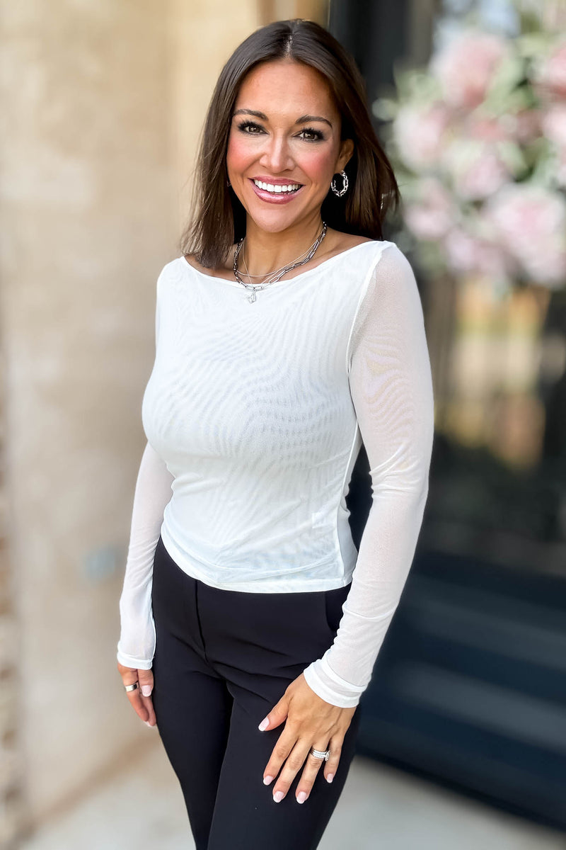Long Sleeve White Boat Neck Double Layer Mesh Top