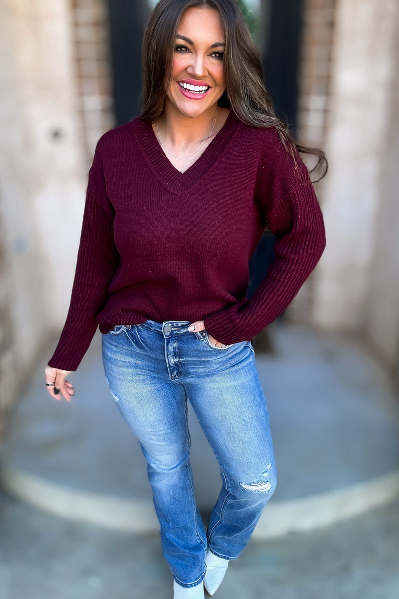Per Usual Burgundy Back & Sleeves Textured Knit Sweater Top