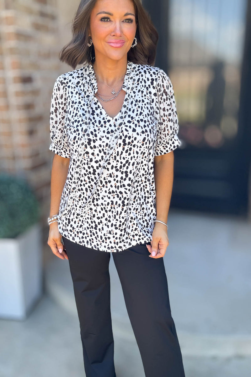 Animal Print Mix Media Tie Neck Peasant