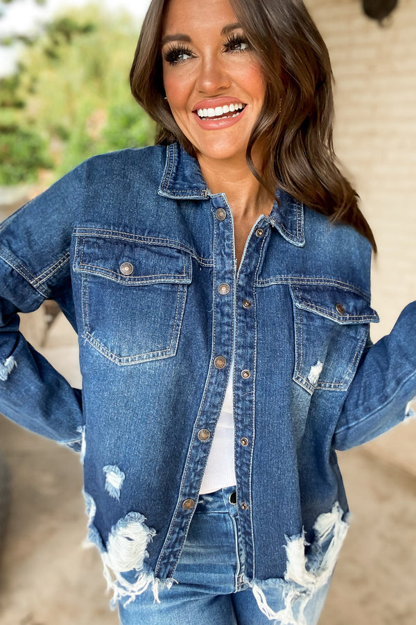 French Twist Dark Wash Destructed Denim Shacket