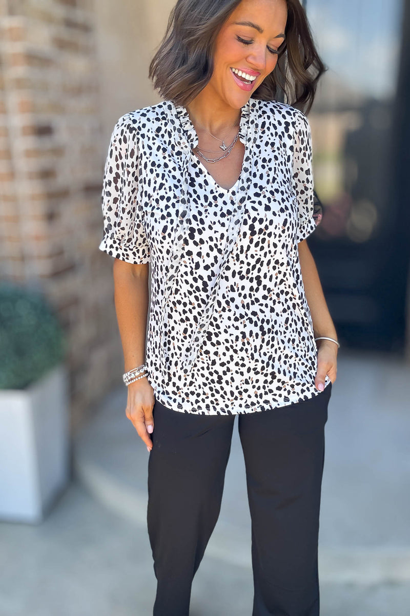 Animal Print Mix Media Tie Neck Peasant