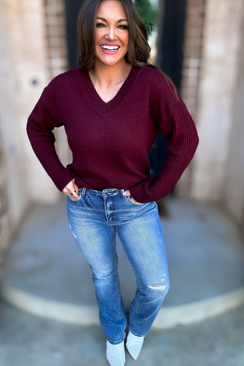 Per Usual Burgundy Back & Sleeves Textured Knit Sweater Top