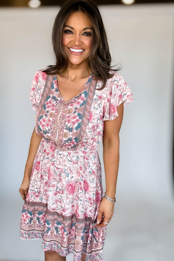 RUFFLE SLEEVE V-NECK ELASTIC WAIST FLORAL DRESS
