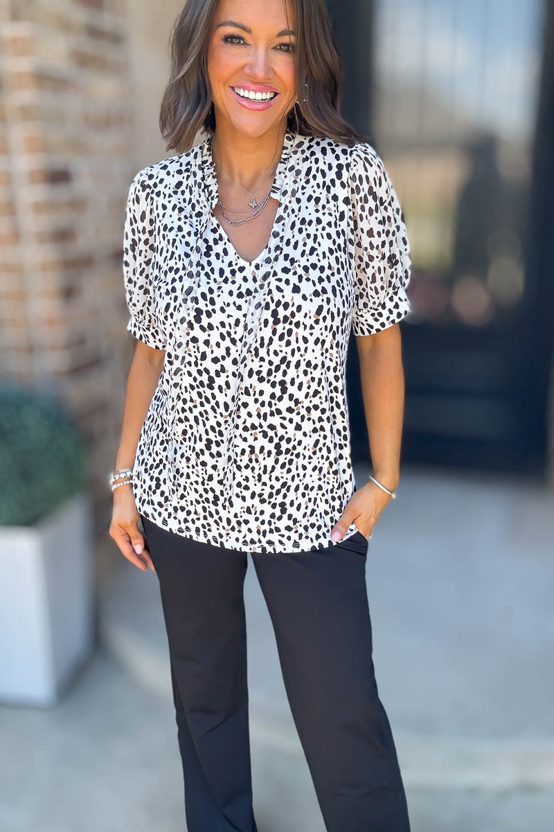 Animal Print Mix Media Tie Neck Peasant