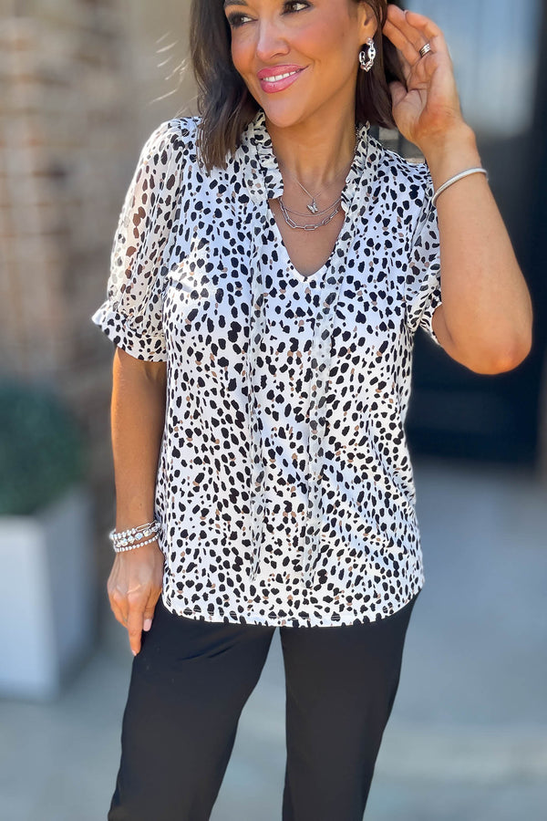 Animal Print Mix Media Tie Neck Peasant