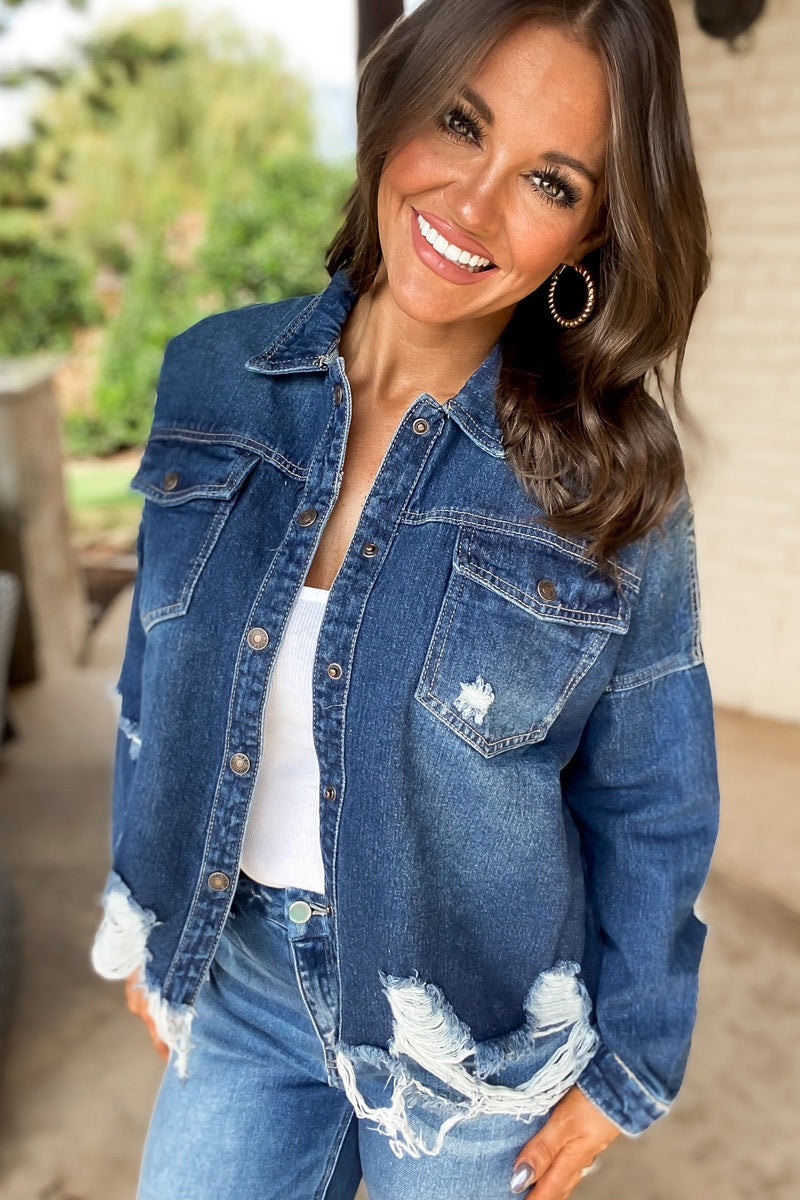 French Twist Dark Wash Destructed Denim Shacket