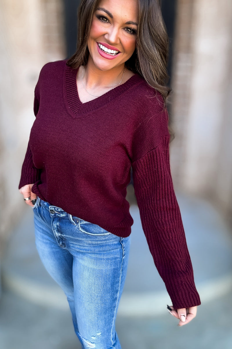 Per Usual Burgundy Back & Sleeves Textured Knit Sweater Top