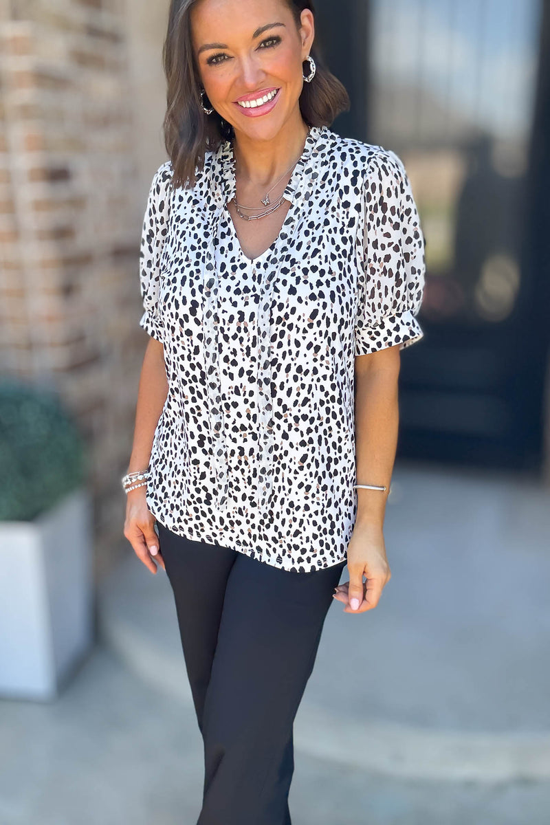 Animal Print Mix Media Tie Neck Peasant