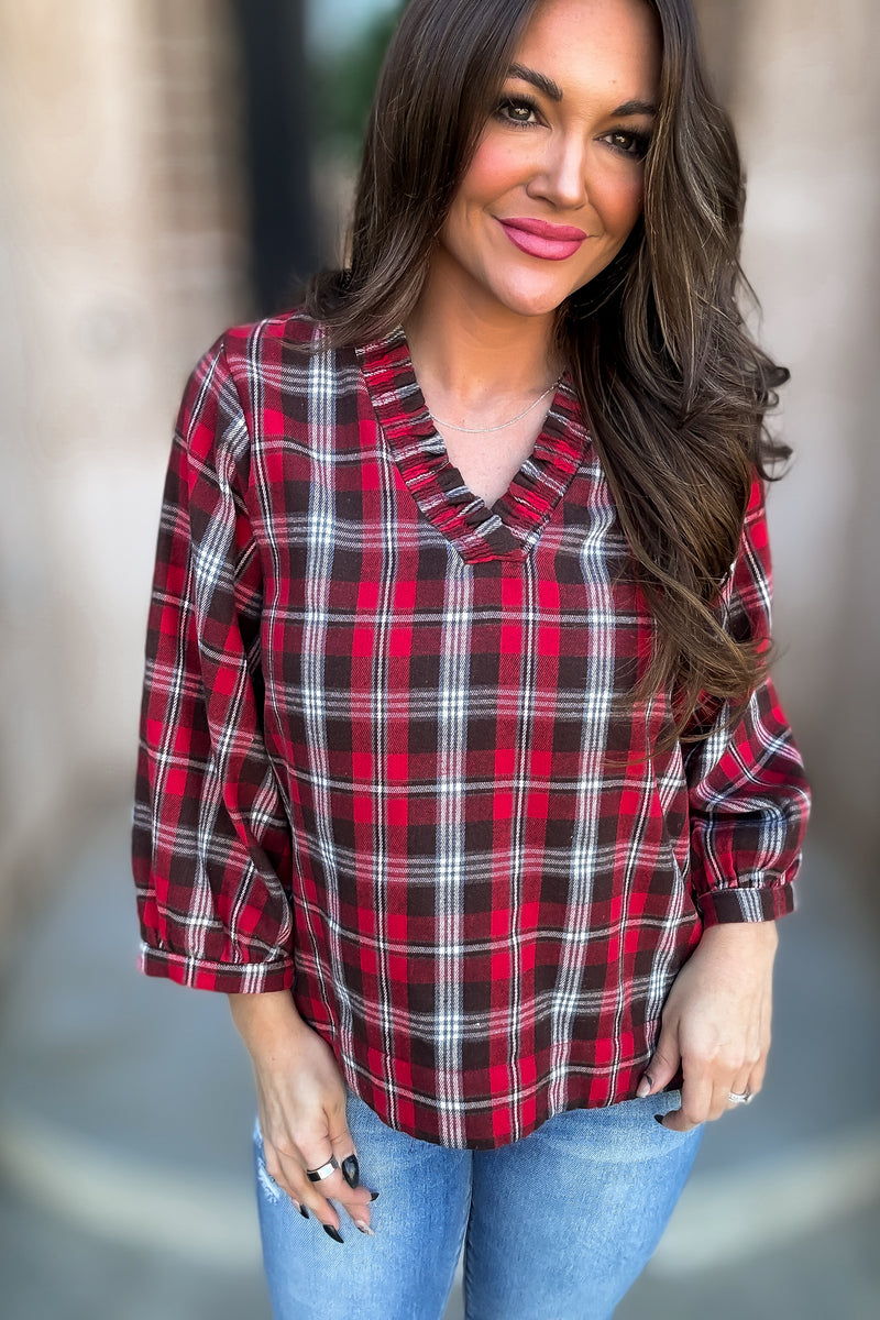 Plaid Print 3/4 Bubble Sleeves Top