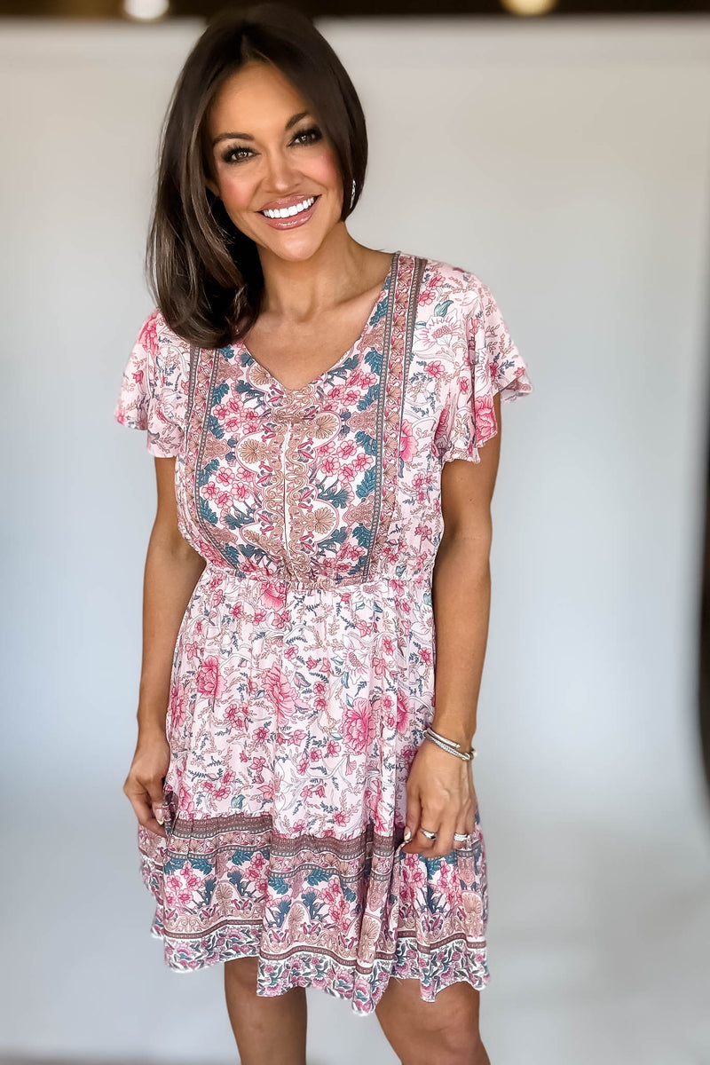 RUFFLE SLEEVE V-NECK ELASTIC WAIST FLORAL DRESS