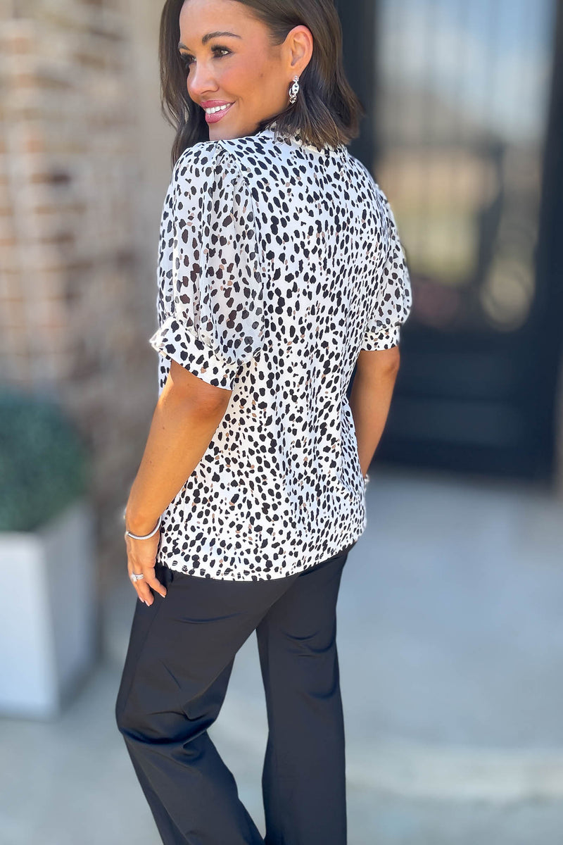 Animal Print Mix Media Tie Neck Peasant