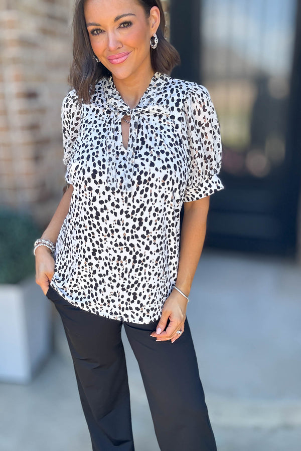 Animal Print Mix Media Tie Neck Peasant