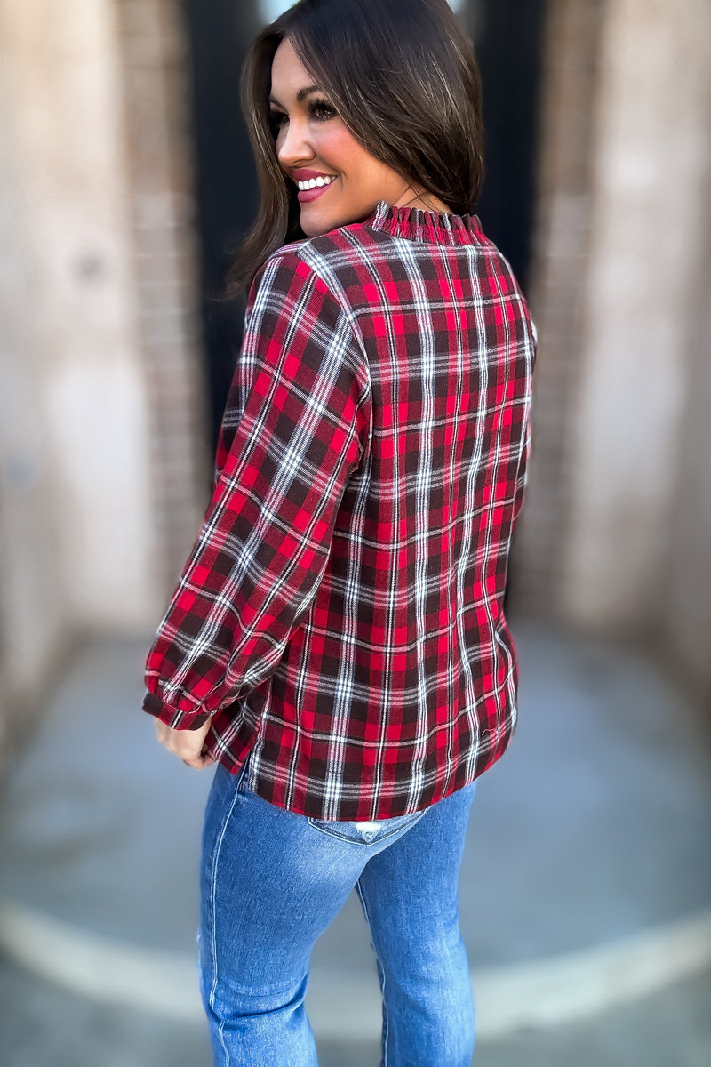 Plaid Print 3/4 Bubble Sleeves Top