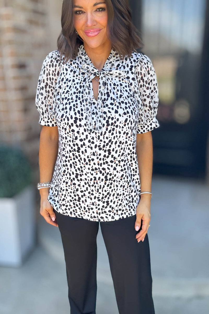Animal Print Mix Media Tie Neck Peasant