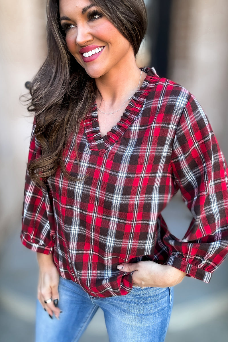 Plaid Print 3/4 Bubble Sleeves Top