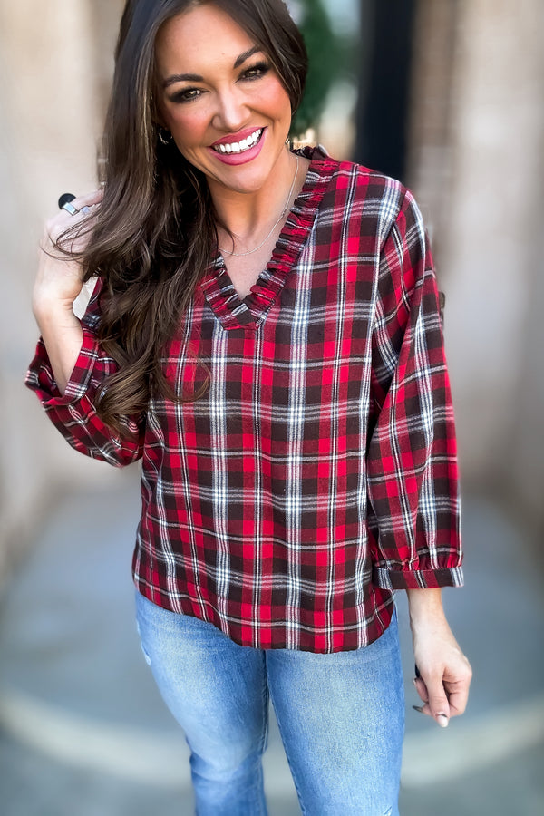 Plaid Print 3/4 Bubble Sleeves Top