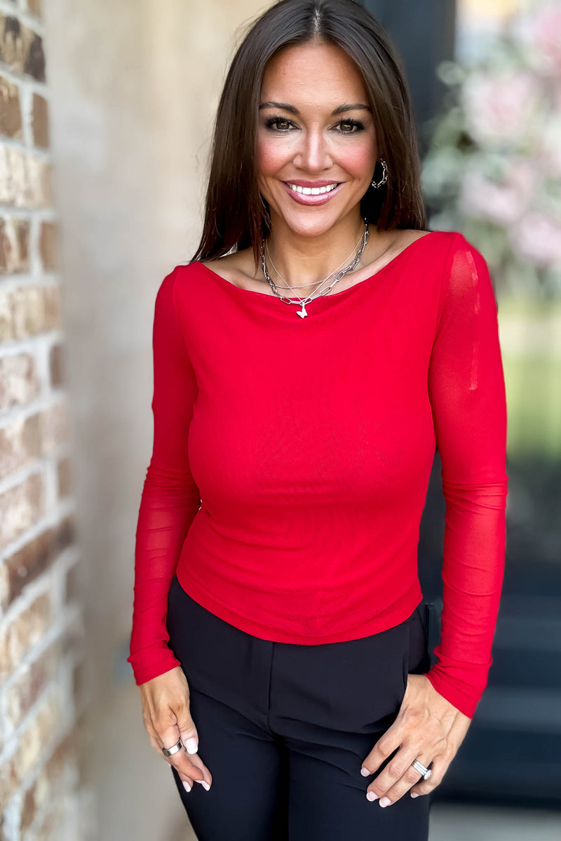 Long Sleeve Red Boat Neck Double Layer Mesh Top