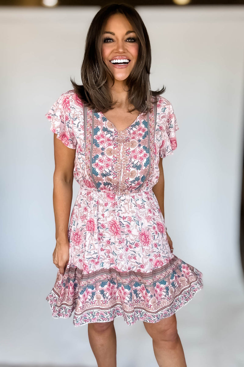 RUFFLE SLEEVE V-NECK ELASTIC WAIST FLORAL DRESS