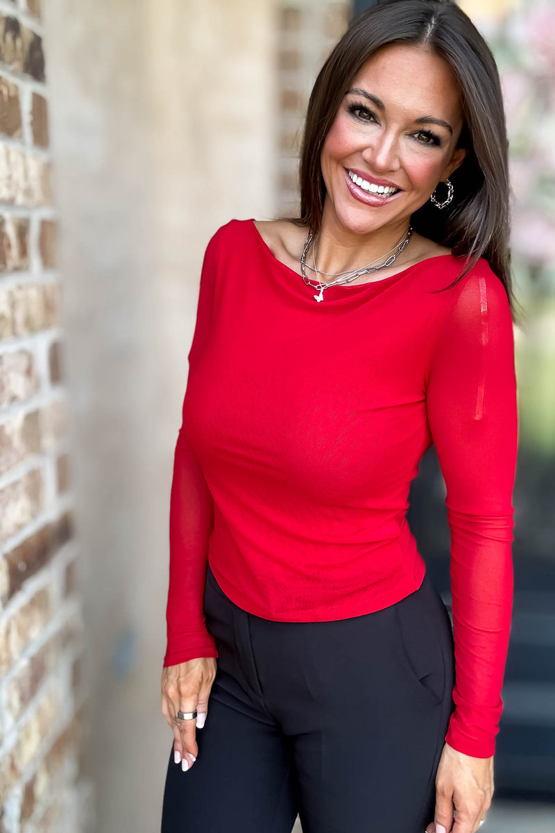 Long Sleeve Red Boat Neck Double Layer Mesh Top