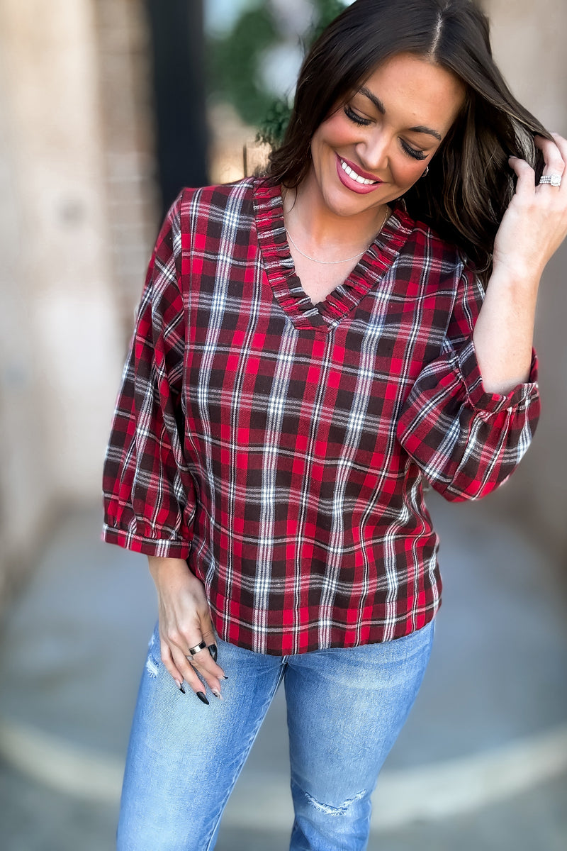Plaid Print 3/4 Bubble Sleeves Top